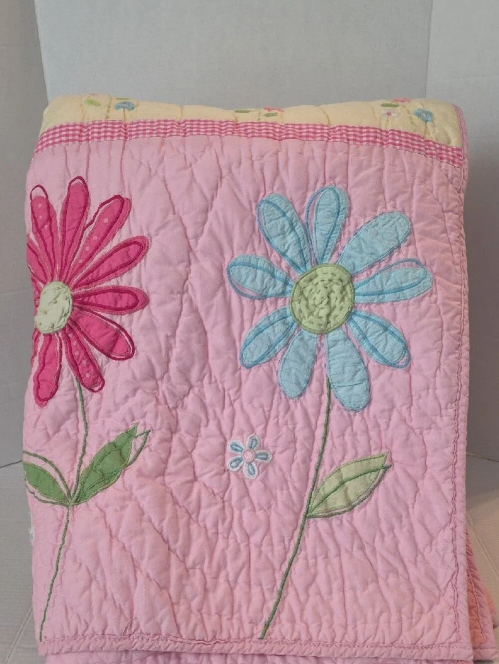 Pottery Barn Kids Daisy Garden Pink Blues Floral Appliqué Embroidered Quilt Twin